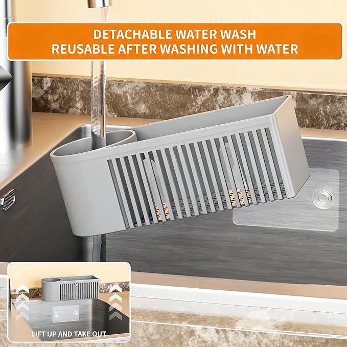 SuoXing Inside Sink Sponge Holder,Grey Rustproof Sink Caddy and Scrub Holder for Kitchen Sink with Suction Cup,Adhesive,Plastic Dish Sink Organizer for Scrub Brush,Scrubber,Dish Sponge,Spinge Holder - Image 5