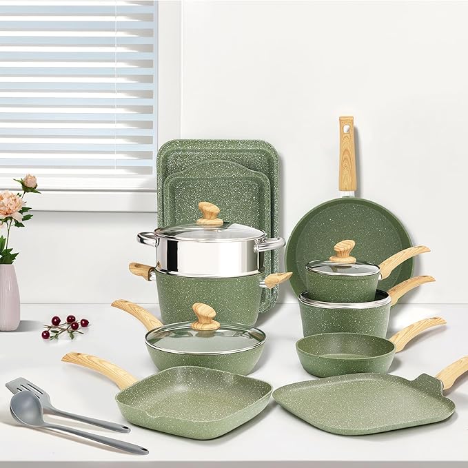 17 Piece Pots and Pans Set Non Stick, Nonstick Induction Granite Kitchen Cookware Sets, Induction Cookware Frying Pans, Nonstick Granite Cooking Set, Pan Sets for Cooking, Green - Image 9