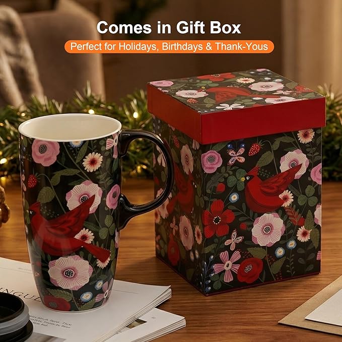 Topadorn Ceramic Coffee Mug, Porcelain Latte Travel Cup with Lid and Handle, Large Coffee Mug for Men Women Office Work, Red Cardinal Birds-17oz