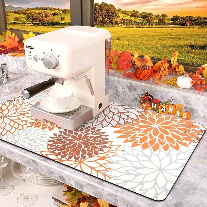 Findosom 2PCS 12" x 20" Fall Dish Drying Mat & 24" x 5.5" Sink Splash Guard, Super Absorbent & Cuttable Dish Mat Drying Kitchen Mat with Orange Floral, Hide Stain Drying Mat for Kitchen Counter - Image 9