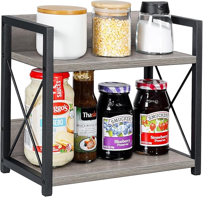 Giikin Countertop Shelf Organizer, 2 Tier Kitchen Spice Rack for Countertop, Wood Coffee Counter Shelf for Home, Particle Board and Metal, Grey, Small - Image 9