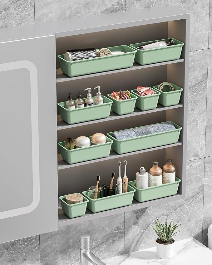 Canfanni 13 Pack Plastic Drawer Organizers Set, 3 Sizes Desk Drawer Organizer Trays for Vanity and Makeup Organizer, Organization and Storage for Makeup, Kitchen Utensils, Bathroom and Office(Green) - Image 7