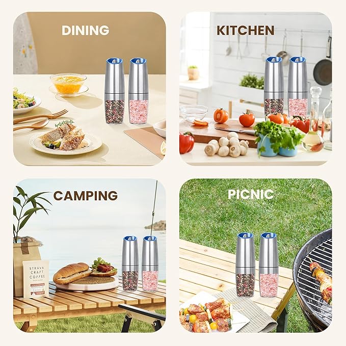 Gravity Electric Salt And Pepper Grinder Set, Automatic Salt And Pepper Grinder Set, Battery Powered (6 AAA Batteries Each), Adjustable Roughness, LED Light, 2 Pack, (Silver) - Image 7