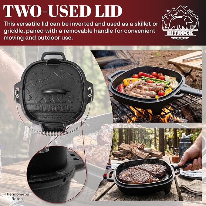 HITROCK Cast Iron Camp Dutch Oven 4QT, Pre-Seasoned Camping Dutch Oven with Lid, Flat Bottom Outdoor Pot with Lid Lifter,Pot Stand, Storage Bag & Handle for Camping, Baking, Grilling, Rounded-square Shape