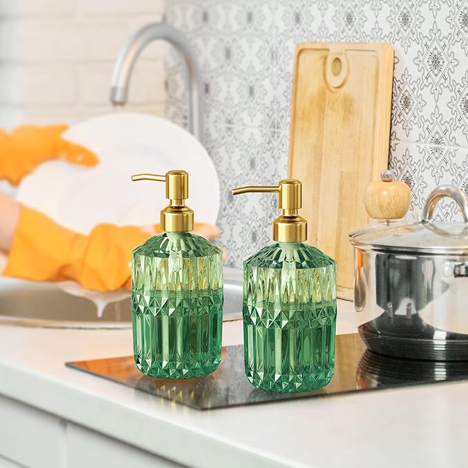 AmazerBath Soap Dispenser Green Glass Soap Dispenser with Pump Stainless Steel, 14.2OZ Luxury Gold Hand Soap Dispensers Bottles Bathroom, Refillable Kitchen Soap Dispenser for Dish Soap, 1 Pack - Image 8