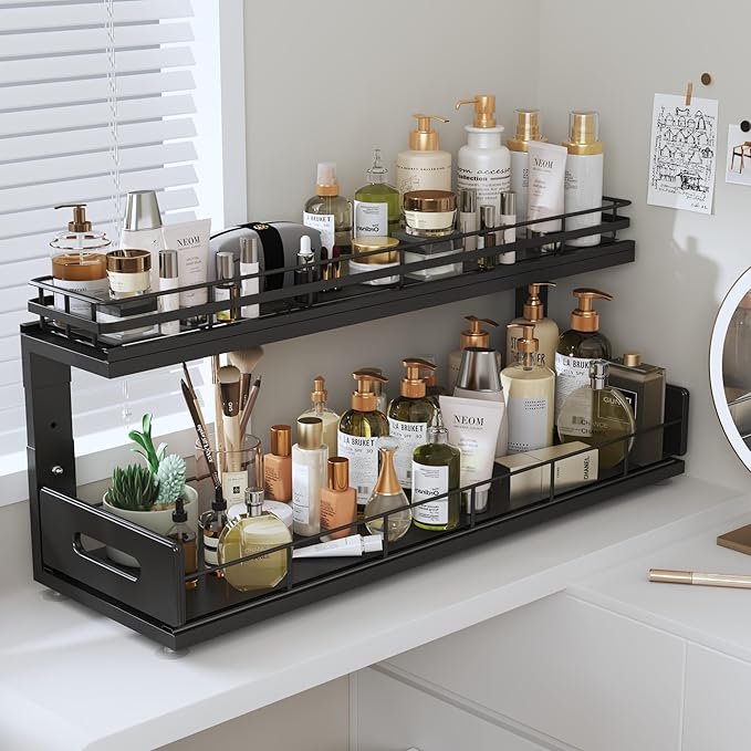 Under Sink Organizer Upgrade To Professional Rails,2-Tier Dual Pull Out Cabinet Storage,Height Adjustable Slide Out Drawers For Bathroom Kitchen,2 Pack-21"Dx12.8"-16.9"H,Black - Image 9