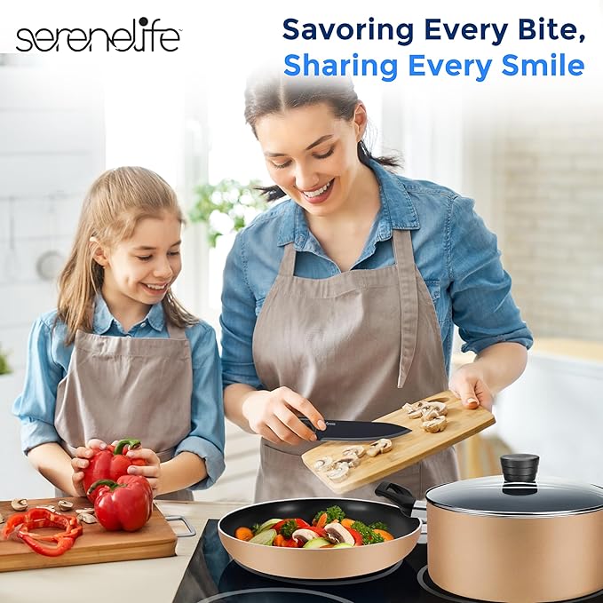 SereneLife 20 pc Basic Kitchenware Set - Durable Non-Stick Pots & Pans with Tempered Glass Lids, Utensils, Knife Set, Gold - SLCW20GLD - Image 7
