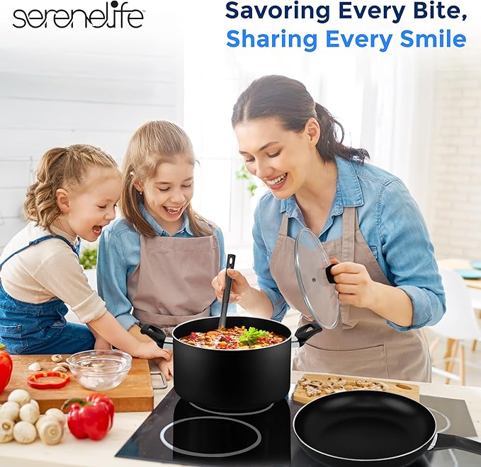 SereneLife Kitchenware Pots & Pans Basic Kitchen Cookware, Black Non-Stick Coating Inside, Heat Resistant Lacquer (15-Piece Set), One Size - Image 7