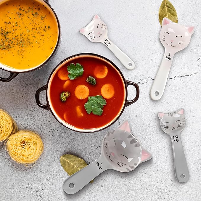 Cat Shaped Ceramic Measuring Spoons - Gift for Any Cat Lover - Cat Ceramic Measuring Spoons Baking Tool - Creative Functional Kitchen Decor - Comes in White and Gray - Set of 4