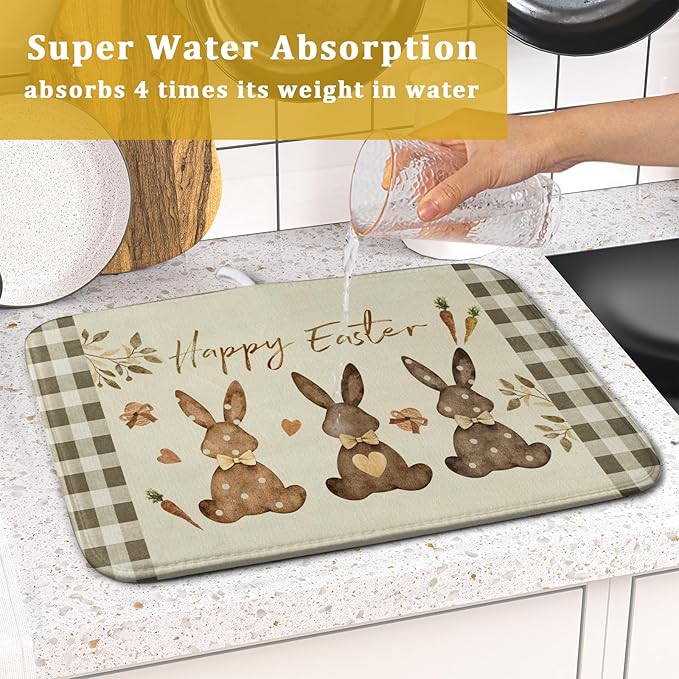 Giwawa Happy Easter Dish Drying Mat for Countertop, 16"x18" Cute Bunny Rabbits Eggs Carrot Dish Drainer Mats, Bufflao Plaids Fast Dry Microfiber Large Dish Drying Pad Kitchen Accessories Decor