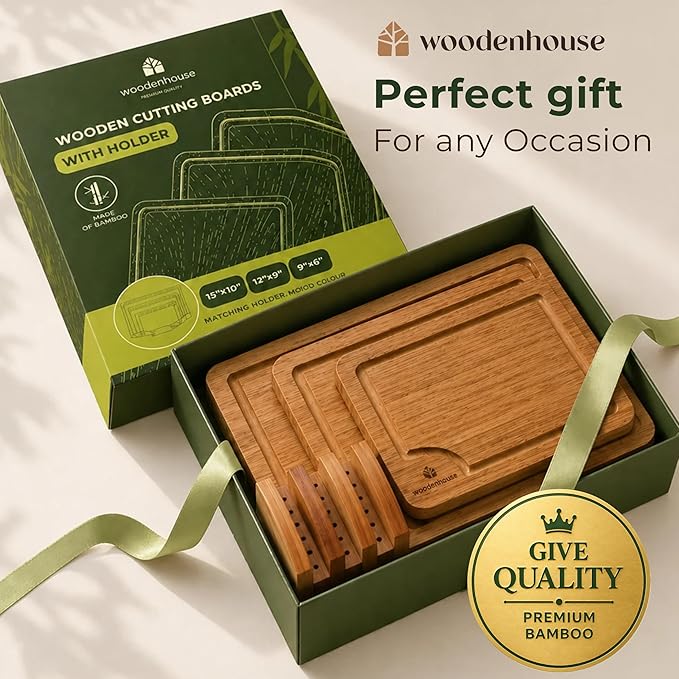 Wood Cutting Board Set of 3 with Holder - Sturdy & Easy to Clean Bamboo Wooden Cutting Boards for Kitchen - 3 Sizes of Chopping Board with Juice Grooves for Meal Prep, Everyday Use, Housewarming Gift