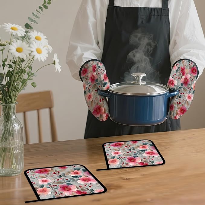 Vintage Pink Cherry Blossoms Oven Mitts and Pot Holders,Heat Resistant Oven Mitts Gloves and Pot Holder for Home Kitchen Decorations Cooking Baking BBQ Gifts,Set of 4