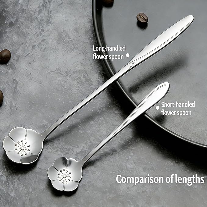 12 Pcs Flower Coffee Tea Spoons Set with Storage Bag, 4 Long & 8 Short Stainless Steel Teaspoons for Sugar Dessert Ice Cream Stirring, Cute Fancy Tableware for Tea Party Kitchen Cafe Bar(Silver)