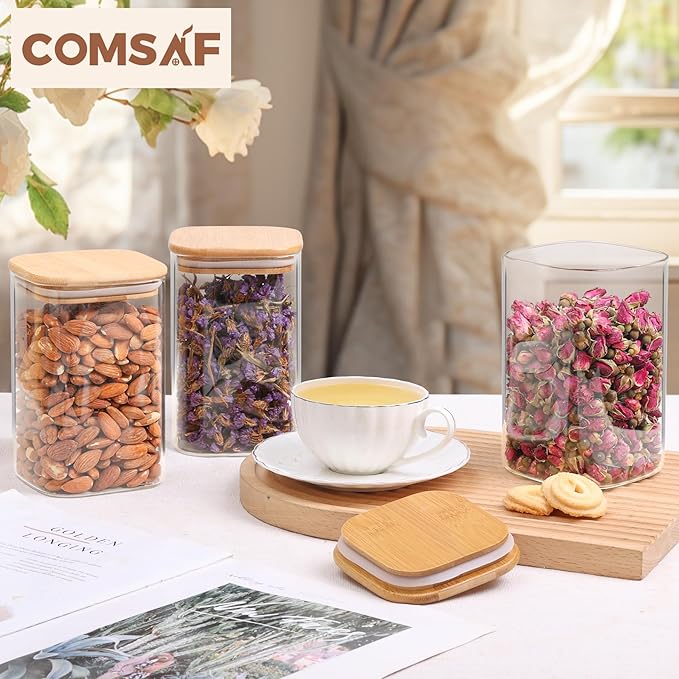 ComSaf 1.2 Qt Glass Storage Containers with Lids, Glass Jars with Lids, Clear Food Storage Jar, Square Canister Set of 9, Pantry Organizers and Storage for Cookie Flour Oat Pasta Tea Coffee Bean - Image 9