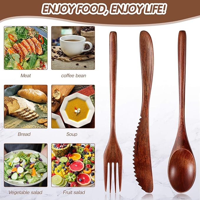 Geiserailie 24 Pcs Wooden Utensils for Eating Wooden Spoon Fork Knife Cutlery Set Kitchen Wood Dinner Flatware Tableware Set Includes Spoon, Fork, Knife - Image 6