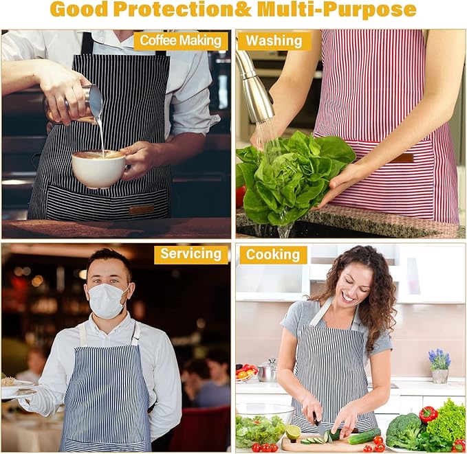Handepo 4 Pcs Kitchen Aprons with Pockets Adjustable Waterproof Cotton Aprons Striped Apron for Women Men Chef Mother Gift - Image 7