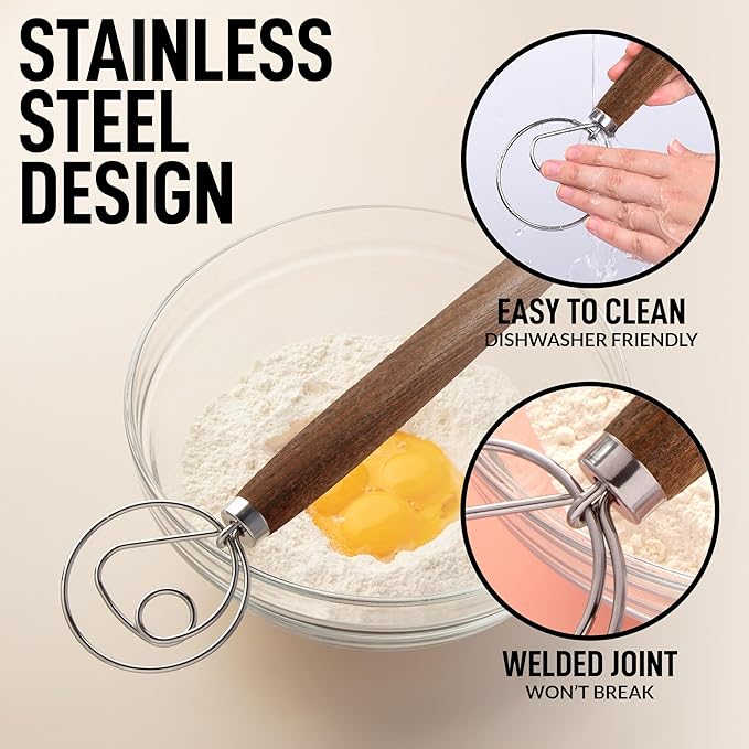 Zulay Kitchen 13 Inch Danish Dough Whisk - Large Wooden Danish Whisk For Dough With Stainless Steel Ring - Traditional Dutch Whisk Baking Tool For Bread, Batter, Cake, Pastry (Ashwood) - Image 7