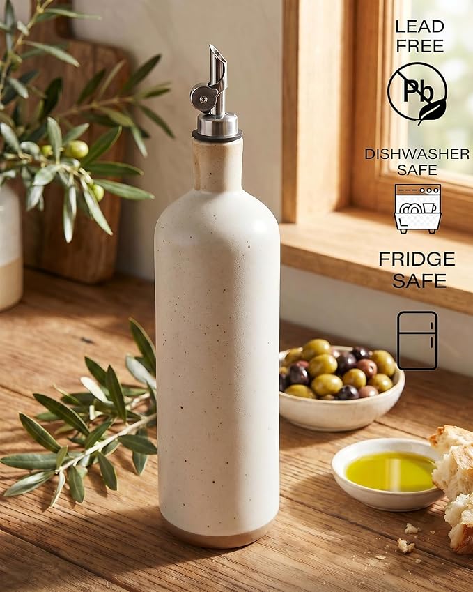 18 oz Stonaeware Olive Oil Dispenser Bottle, 500 ml Ceramic Oil Bottle with Stainless Automatic Spout – Leak-Proof Cruet for Kitchen, Cooking, Salad, BBQ, Frying - Cream & Clay