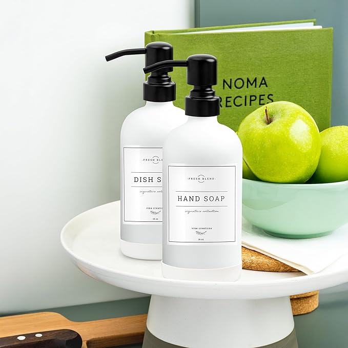 Vine Creations White Glass Soap Dispenser, 2 Pack Kitchen Soap Dispenser Set with Stainless Steel Pump, 16 oz Dish Soap and Hand Soap Dispensers for Bathroom with Waterproof Labels - Image 8