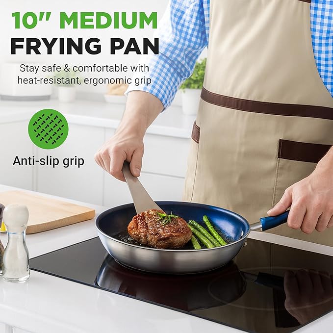 NutriChef 10'' Medium Fry Pan with Lid - Non-stick Pan with Silicone Handle, Ceramic Coating Inside