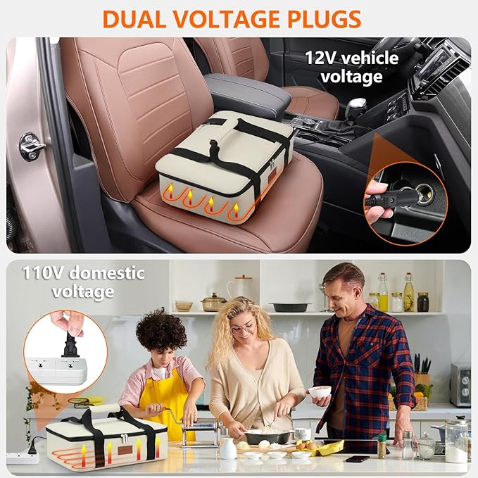 Food Warmer Electric Casserole Carrier - Large Heated Lunch Bag for Car Truck, 12V/24V/110V, Thermos for hot food for Potluck Cookouts Parties Picnic,Lasagna Lugger,Fits 9"x13" Baking Pan (Beige)
