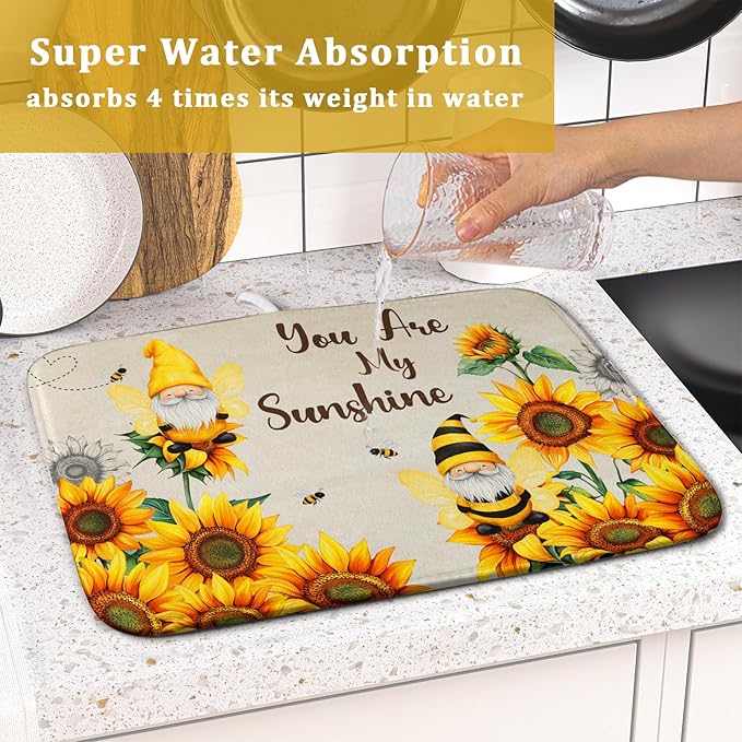 Giwawa Bee Gnomes Dish Drying Mat, Summer Sunflowers Elf Dish Drainer Mats for Kitchen Countertop, Vintage Sunshine Floral Absorbent Reversible Dish Drying Pad Decor, 16x18inches, Small