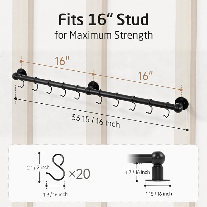 KES 130lb High-Capacity 32 Inch Pot Rack Wall Mounted with 3X Thick Tube, Pot and Pan Hanger with 10 Hooks for Cast Iron Utensil, Kitchen Pot Rail with Drilling Template for 16" Stud Mount, Black - Image 9