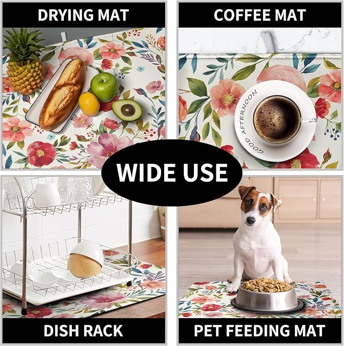 Floral Dish Drying Mat for Kitchen Counter Absorbent Microfiber Dishes Drying Pad Cute Flowers Dish Drainer Rack Mats Washable Coffee Sink Mat 16x18 Inch - Image 7