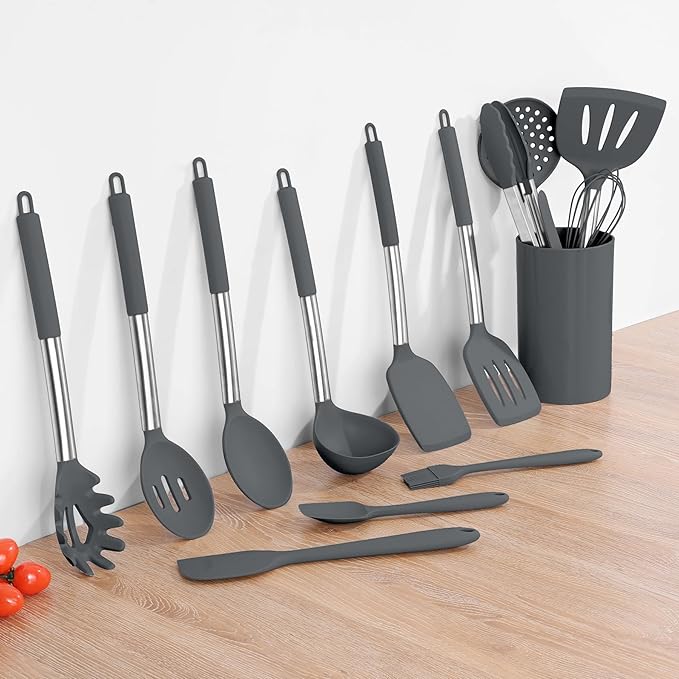 Onader Kitchen Cooking Utensils Set of 15, Silicone and Stainless Steel Utensils Spatula Set with Holder, Heat Resistant & Dishwasher Safe - Grey - Image 9