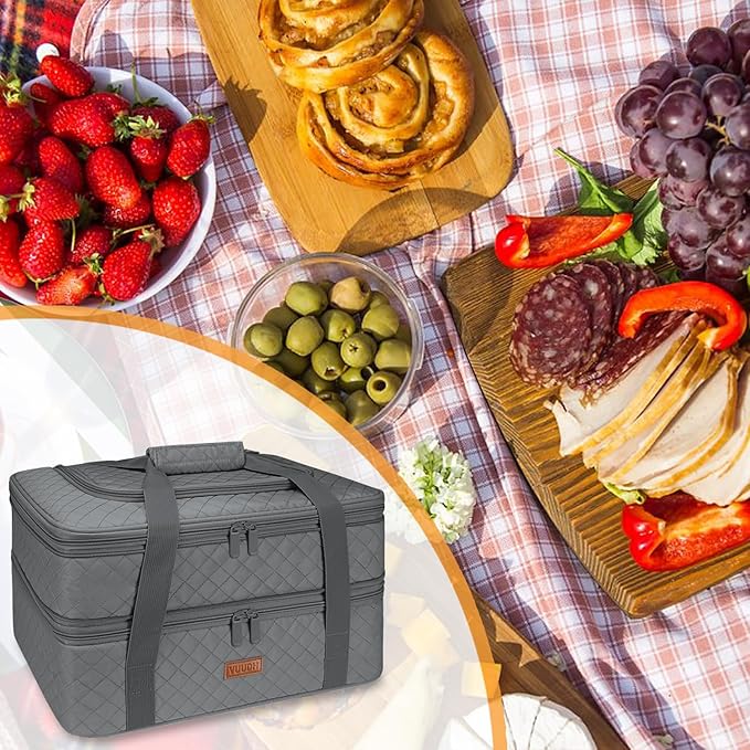 Quilted Double Decker Casserole Carrier - Expandable Dish Carrying Case for Hot or Cold Food, Lasagna Holder for Potluck Parties, Picnic, Beach, Fits 9"×13" Baking Dish (Grey)