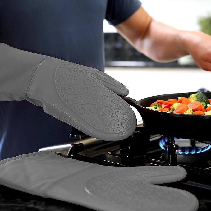 BPA-Free Soft Silicone Oven Mitts - Ultra Heat Resistant Oven Mitts with Thick Cotton Liner - Long Slip Resistant Pot Holders, Flexible Oven Gloves - Gray 13.7" - Image 9