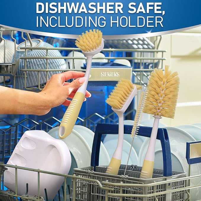 Dish Brush Set of 5 with Holder - Kitchen Scrub Brushes with Non-Slip Long Handle for Cleaning, Scrubber, Dishwashing, Dishes, Bottles, Straws, Cups, Pots & Sink, Baige - Image 7