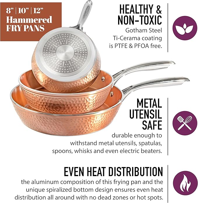 Gotham Steel Hammered Frying Pan Set, 3 Piece Nonstick Copper Fry Pans, 8”, 10” & 12” Skillet, Omelet Pan, Cookware, PFOA Free, Dishwasher Safe, Cool Touch Handle - Image 6