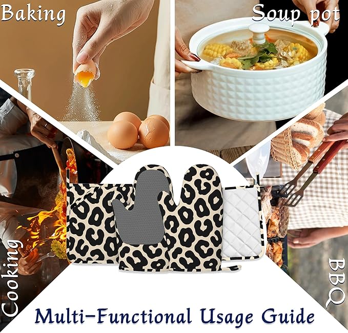 Black Leopard Print Pot Holders and Oven Mitts Set Silicone Cheetah Prints Kitchen Gloves Potholders Heat Resistant Washable,Chef Cooking Baking Gifts for Women Men Bakers Lover Cooks