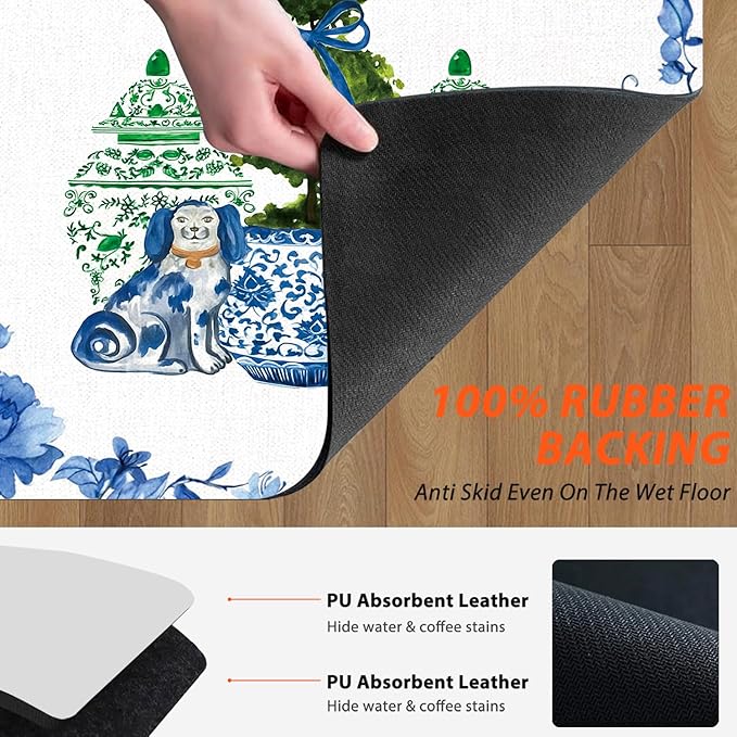 Chinoiserie Dish Drying Mat - Blue And White Green Porcelain Dish Drying Mat,Chinoiserie Dog Drying Mat For Kitchen Counter,Vintage Chinoiserie Drying Mat,Coffee Bar Mat,16x17.5 Inch