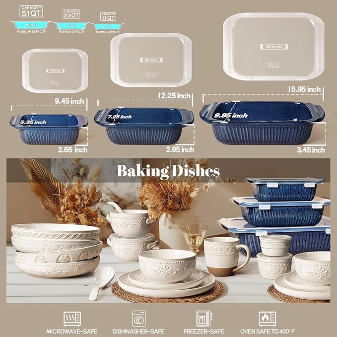 Artena Casserole Dishes For Oven, Ceramic Baking Dish, Large Lasagna Pan With Handles, Baking Pan Casserole Dish, Rectangular Bakeware Deep, Set Of 3 (5.1Qt/2.3Qt/1.1Qt) (Blue - Baking Dish With Lids) - Image 8