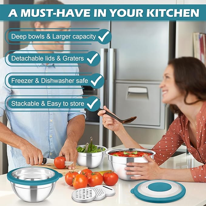 TeamFar Mixing Bowls, 3PCS Stainless Steel Serving Salad Bowls with Lids & 3 Graters, For Kitchen Mixing/Baking/Storing/Prepping, Visible & Airtight, Easy Clean - 4.5/3 / 1.5 QT, Dark Blue - Image 8