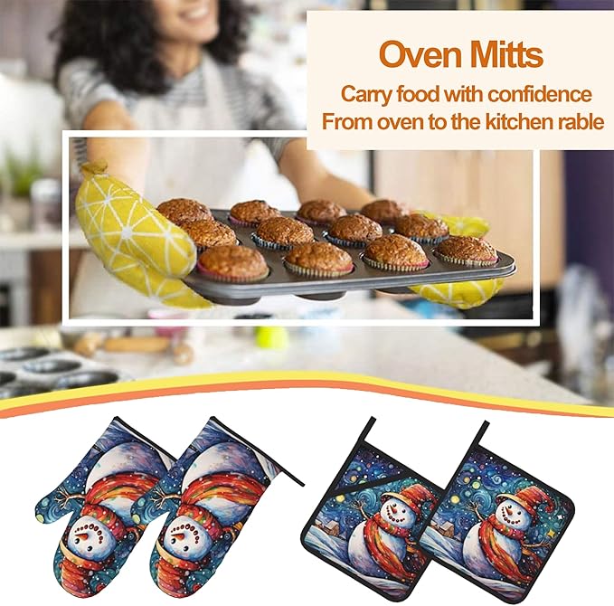 Winter Snowman Oven Mitts & Potholder Set of 4 - Heat Resistant Kitchen Gloves Hot Pads for Baking, Cooking, Gifts for Women