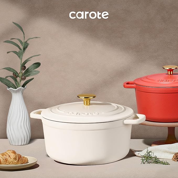 CAROTE 7QT Enameled Cast Iron Dutch Oven Pot with Lid, Heavy-Duty Dutch Ovens for Sourdough Bread Baking, Braising, Stews, Roasting, Healthy & Non-Toxic, Dual Handles, All Stovetop Compatible, Oven Safe up to 500° F, Cream White - Image 7