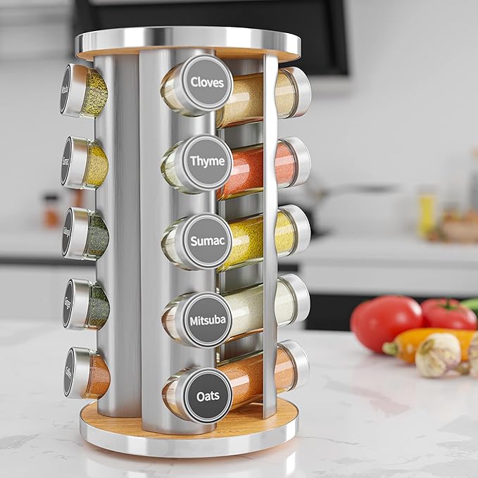 Revolving Spice Rack Set with 20 Spice Jars, Kitchen Spice Tower Organizer for Countertop or Cabinet -- Carousel Storage Includes 386 Spice Labels -- Desktop Rotating Seasoning Organizer - Image 6