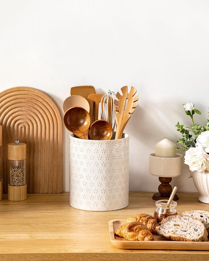 MALACASA LYDIA Ceramic Utensil Holders, 7.3"+5.5" Kitchen Utensil Crock Set for Countertop, Large & Small Utensil Organizers for Cooking Tools, Five-Leaf Grass Pattern - Image 7