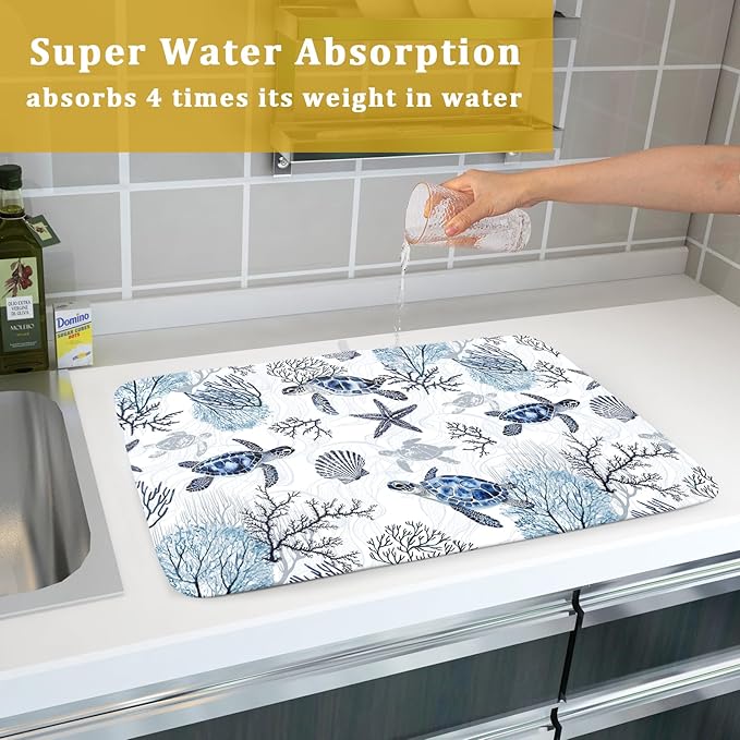 Giwawa 18"x24" Coastal Sea Turtles Dish Drying Mat Nautical Ocean Tortoise Coral Starfish Dish Drainer Mats for Kitchen Microfiber Reversible Dish Drying Rack Pad for Countertop Tabletop Decor