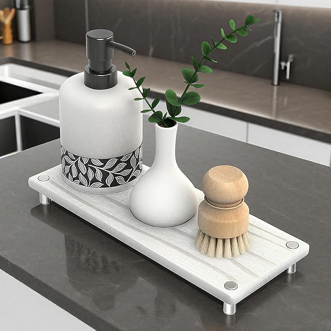 Quick Dry Sink Caddy Kitchen Sink Organizer, Water Absorbing Stone Tray for Sink, Stone Drying Tray, Diatomite Faucet Mat & Protector, Dispenser Sponge Holder, Stone Soap Tray for Bathroom Counter - Image 8