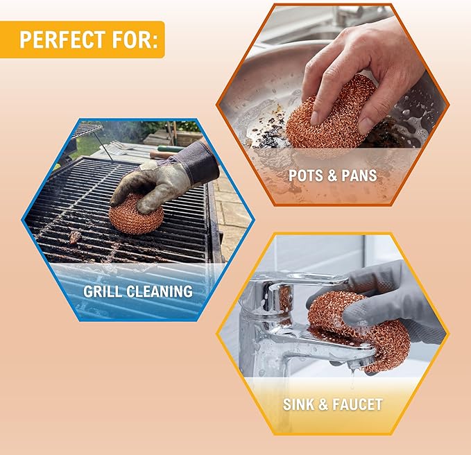 PAMI Heavy Duty Non Scratch Copper Scrubbers for Pots and Pans, Copper Wool Scrubber, Reusable Scouring Pads, Pack of 4