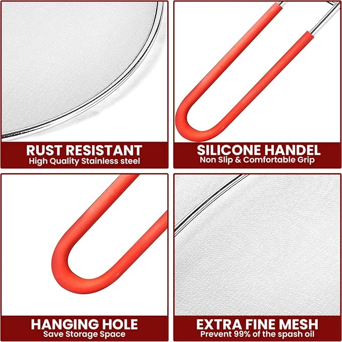 13" Grease Splatter Screen for Cooking | Stainless Steel Oil Splatter Guard and Ultra-Fine Mesh Protects Skin from Burns | Silicone Red Handle - Image 8