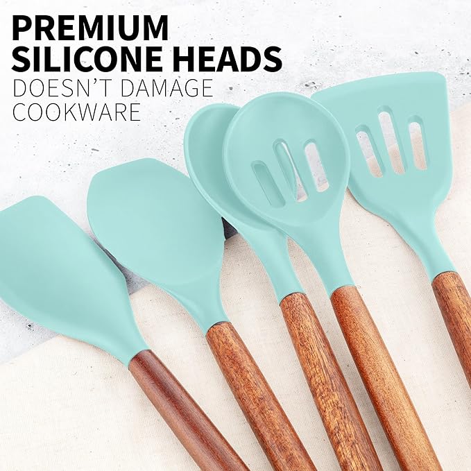 Zulay Kitchen Non-Stick Cooking Utensils Set with Authentic Acacia Wood Handles – 5-Piece Durable & Stylish Silicone Kitchen Utensils Set – Heat Resistant to 464°F – Aqua - Image 9