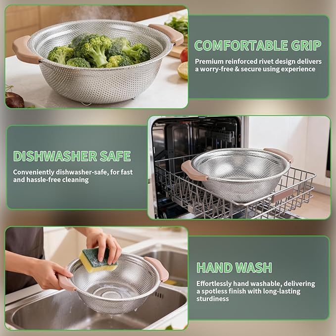 Colander Set with Plastic Handles, Stainless Steel Micro-Perforated Colanders Strainers for Draining Rinsing Washing, Ideal for Pasta Vegetables Fruits, Heavy Duty & Dishwasher Safe - Image 7