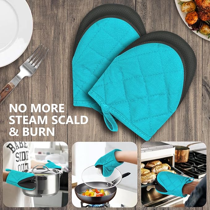 1 Pair Short Oven Mitts - Silicone Kitchen Oven Gloves High Heat Resistant 500℉, Mini Oven Mits with Non-Slip Grip Surfaces and Hanging Loop for BBQ, Baking, Cooking and Grilling (Coral Blue) - Image 7