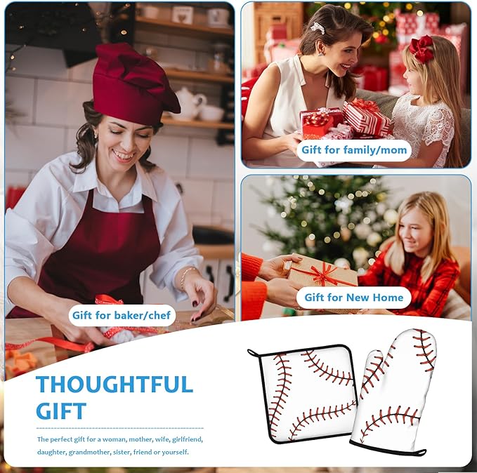 Baseball Oven Mitts and Pot Holders Sets Heat Resistant 4Pcs Potholders Oven Gloves Hot Pads for Kitchen Baking Cooking Grilling BBQ