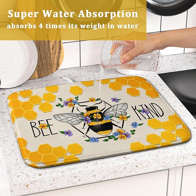 Giwawa Bee Kind Dish Drying Mat, Summer Bees Flowers Dish Drainer Mats for Kitchen Countertop, Yellow Honeycomb Absorbent Reversible Dish Drying Pad Decoration, 16x18inches, Small Size